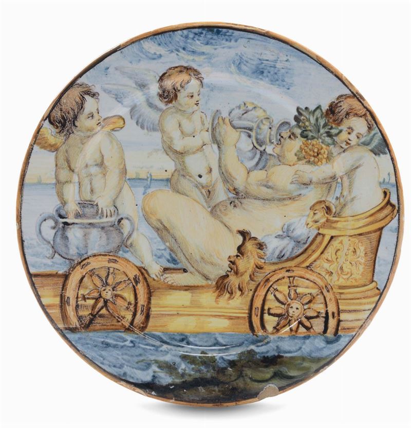 Piattino in maiolica decorato con Bacco sul carro, Castelli XVIII secolo  - Asta Maioliche Italiane dal XVI al XVIII Secolo - Cambi Casa d'Aste