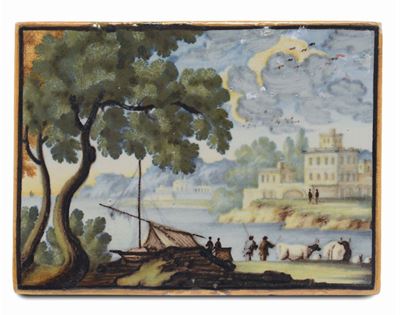Coppia di Piccole Mattonelle in Maiolica Raffiguranti Paesaggi Costieri, Castelli XVIII Secolo