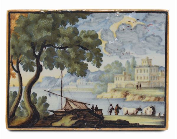 Coppia di piccole mattonelle in maiolica raffiguranti paesaggi costieri, Castelli XVIII secolo