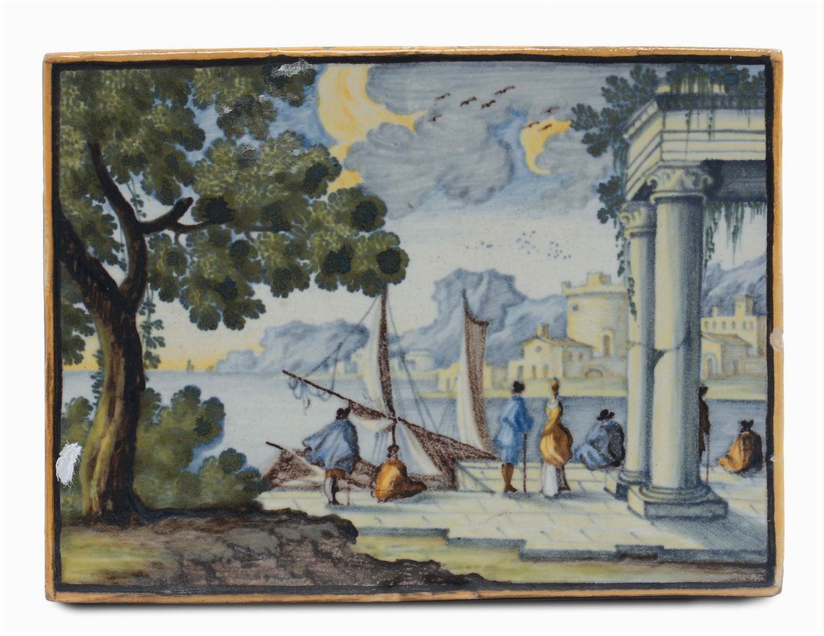 Coppia di Piccole Mattonelle in Maiolica Raffiguranti Paesaggi Costieri, Castelli XVIII Secolo