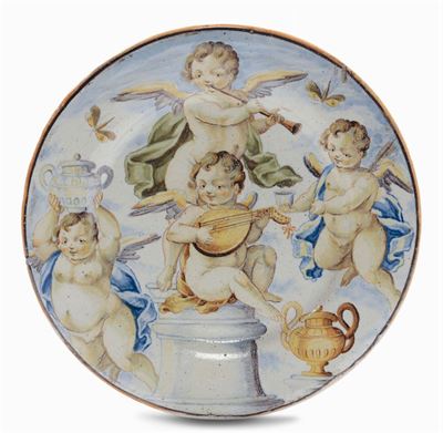 Piattino in Maiolica Decorati con Putti Musicanti, Castelli XVIII Secolo
