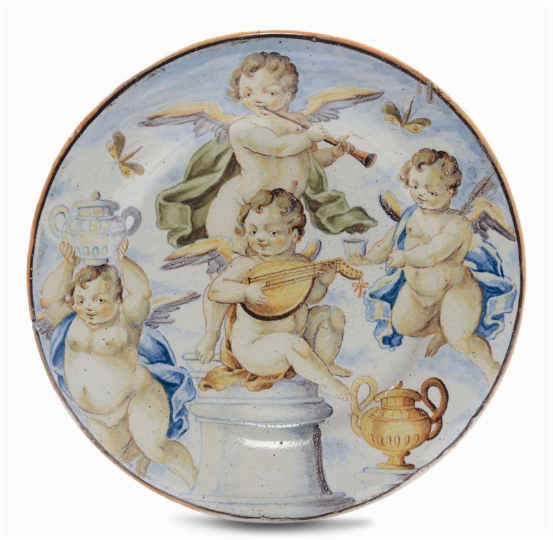 Piattino in maiolica decorati con putti musicanti, Castelli XVIII secolo  - Auction Italian Majolica from 16th to 18th Century - Cambi Casa d'Aste