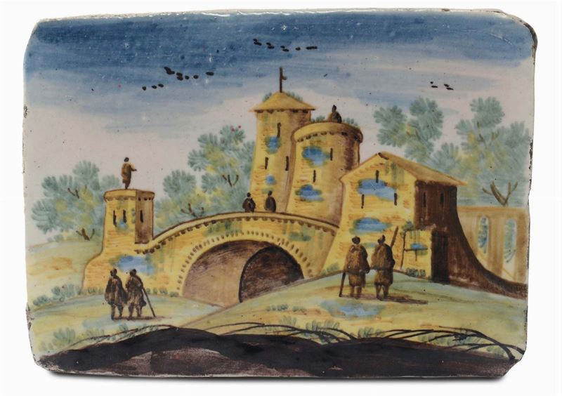 Mattonella in maiolica con paesaggio, Castelli XVIII secolo  - Asta Maioliche Italiane dal XVI al XVIII Secolo - Cambi Casa d'Aste