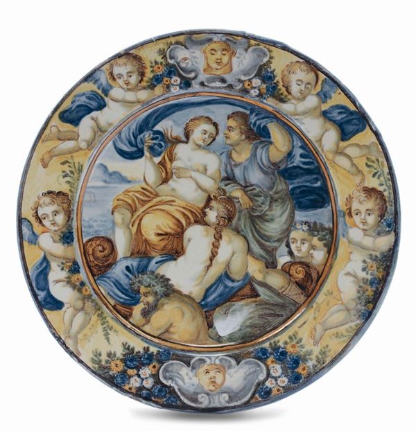 Piatto in maiolica con scena mitologica, Castelli XVIII secolo