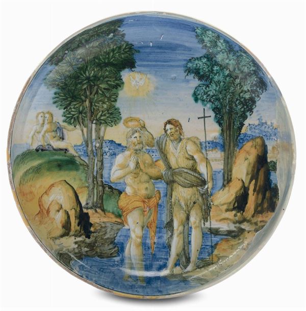 Sottocoppa in maiolica a decoro istoriato raffigurante il battesimo di Cristo, Faenza XVI secolo