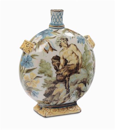 Fiasca da Pellegrino in Maiolica Decorata con Fauno e Ninfe, Castelli XVIII Secolo