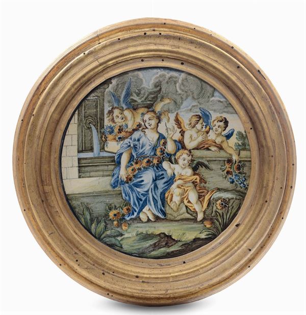 Disco in maiolica raffigurante Flora con putti, Castelli XVIII secolo