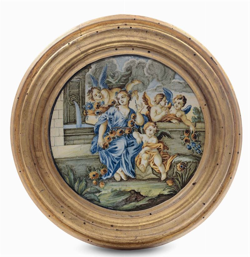 Disco in maiolica raffigurante Flora con putti, Castelli XVIII secolo  - Auction Italian Majolica from 16th to 18th Century - Cambi Casa d'Aste