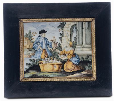Mattonella in Maiolica Raffigurante Venditrice di Galline, Castelli XVIII Secolo