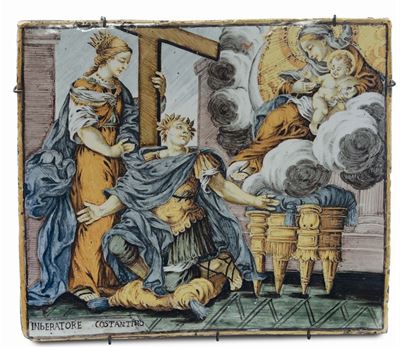 Mattonella in Maiolica Raffigurante L’imperatore Costantino, Castelli XVIII Secolo