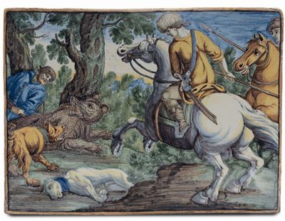 Coppia di Mattonelle in Maiolica Raffigurante Scene di Caccia, Castelli XVIII Secolo