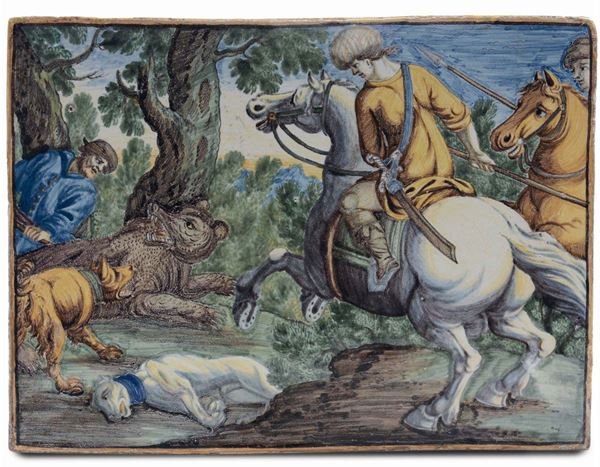 Coppia di mattonelle in maiolica raffigurante scene di caccia, Castelli XVIII secolo