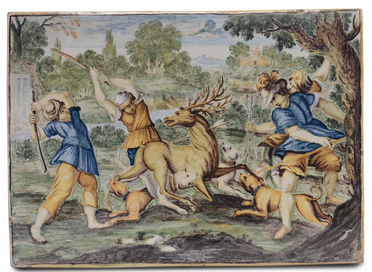 Coppia di Mattonelle in Maiolica Raffigurante Scene di Caccia, Castelli XVIII Secolo