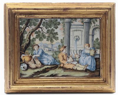 Mattonella in Maiolica Raffigurante Contadini in Riposo, Castelli XVIII Secolo