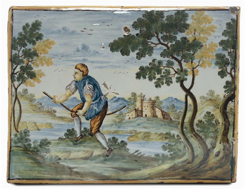 Mattonella in maiolica raffigurante contadino entro paesaggio, Castelli XVIII secolo  - Auction Italian Majolica from 16th to 18th Century - Cambi Casa d'Aste