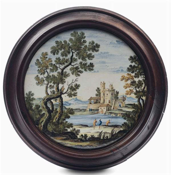 Disco in maiolica raffigurante paesaggio e figurette, Castelli XVIII secolo