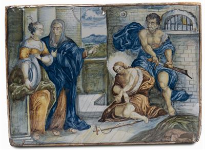Mattonella in Maiolica Raffigurante Decapitazione di Giovanni Battista, Castelli XVIII Secolo
