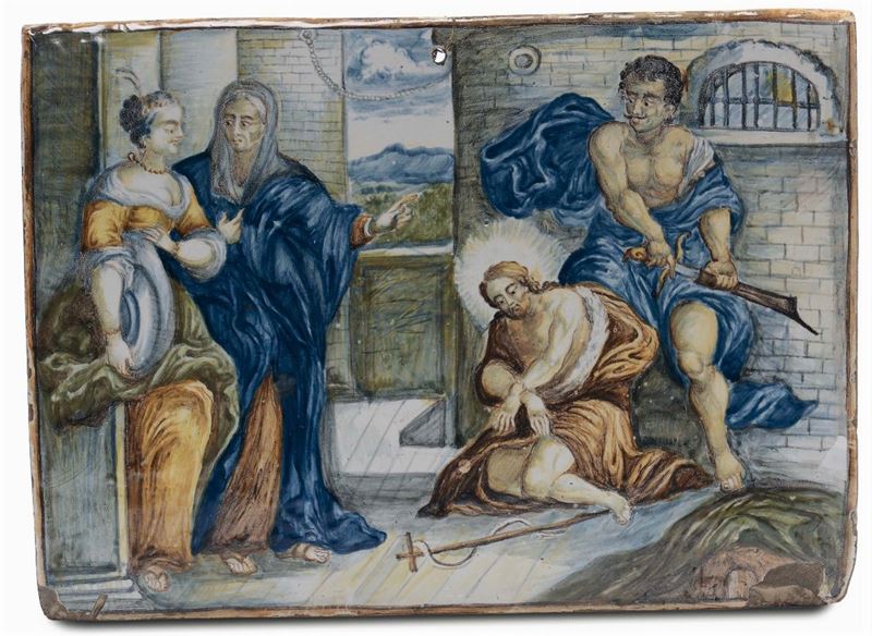 Mattonella in maiolica raffigurante decapitazione di Giovanni Battista, Castelli XVIII secolo  - Asta Maioliche Italiane dal XVI al XVIII Secolo - Cambi Casa d'Aste