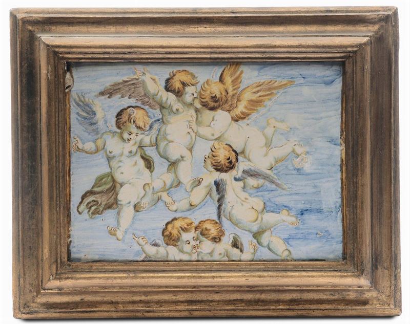 Mattonella in maiolica raffigurante putti, Castelli XVIII secolo  - Auction Italian Majolica from 16th to 18th Century - Cambi Casa d'Aste