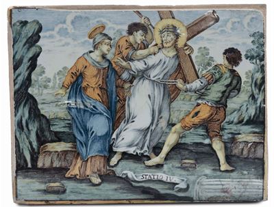 Mattonella in Maiolica Raffigurante Stazione della Via Crucis, Castelli XVIII Secolo