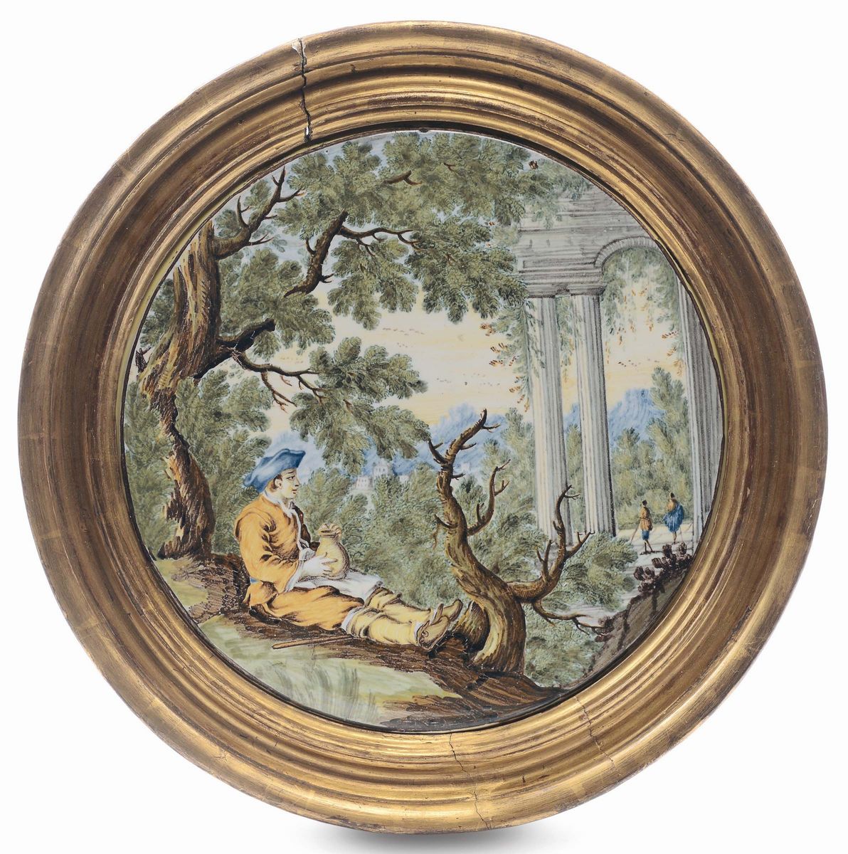 Coppia di Dischi in Maiolica Raffiguranti Paesaggi con Rovine e Figurette, Castelli XVIII Secolo