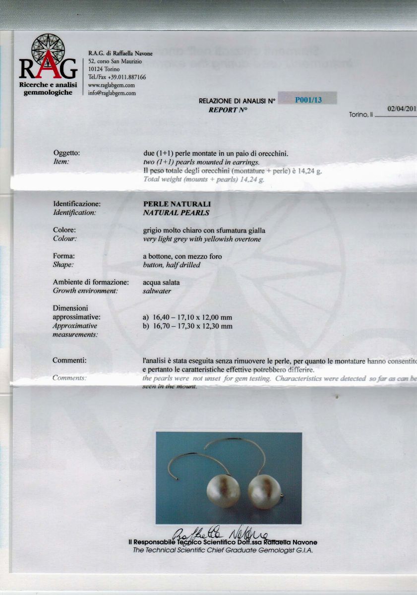 Orecchini Composti da una Pariglia di Grandi Perle Naturali di MM 17 Circa
