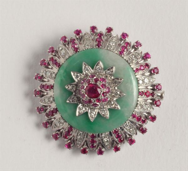 A jadeite jade, diamond and ruby brooch