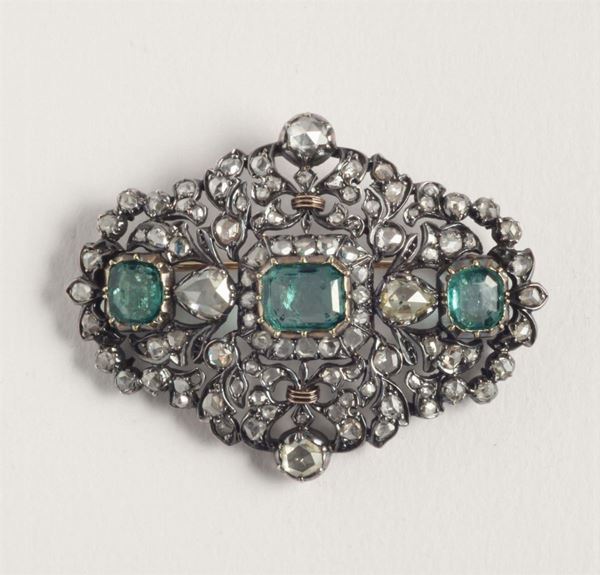 An emerald and rose-cut diamond plaque brooch