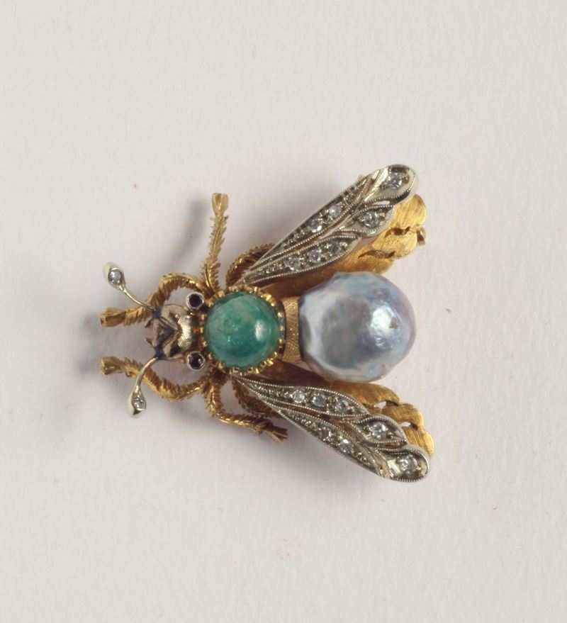 Spilla mosca con smeraldo e perla  - Asta Argenti e Gioielli Antichi e Contemporanei - Cambi Casa d'Aste