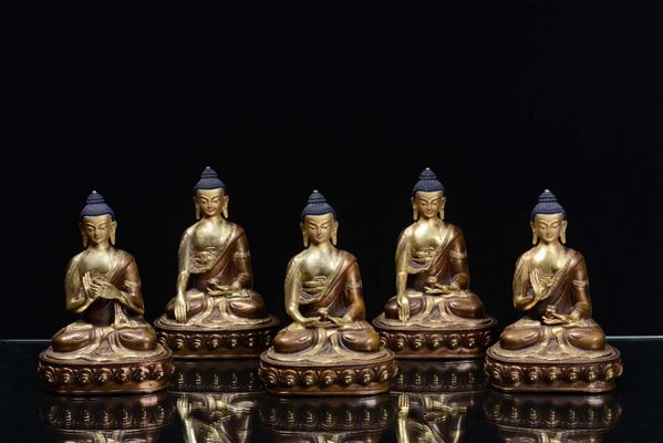 Five gilt bronze Dhyani Buddha, 20th century