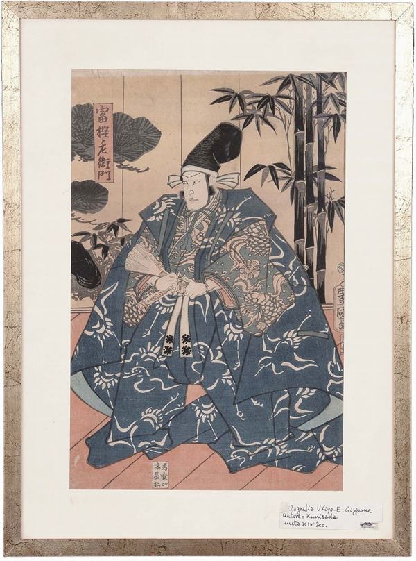Lotto composto Gheisha Ukiyo by Utagawa Kunisada  e un Samurai Ukiyo by Utagawa Kunisada, Giappone, XIX secolo