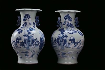 Due Vasi in Porcellana Celadon con Decoro a Figure in Blu, Cina XX Secolo