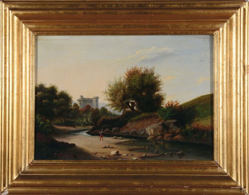 Clemente Crova di Vaglio (1850-1921) Paesaggio con castello, 1869  - Asta Dipinti del XIX e XX secolo - Cambi Casa d'Aste