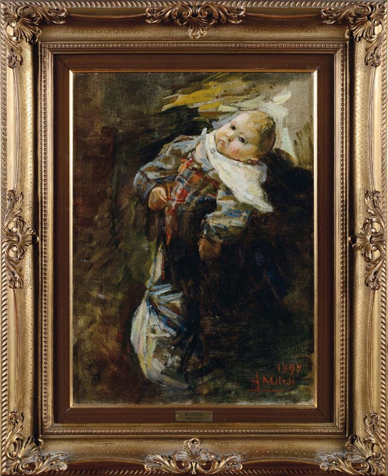 Alessandro Milesi (Venezia 1856-1945) Bambino in fasce, 1897  - Asta Dipinti del XIX e XX secolo - Cambi Casa d'Aste