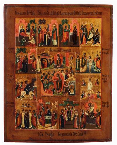 Icona Raffigurante Santi o le 12 Feste, Russia XIX Secolo