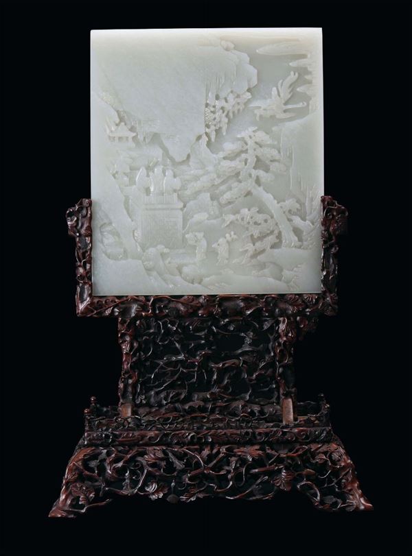 A rare white celadon jade plate with oriental landscape decoration, Qing Dynasty, Qianlong period (1736-1795)Homu  [..]