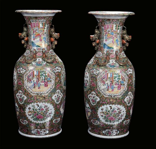 A pair of polychrome porcelain vases, Famille Rose, China, Canton, Qing Dynasty, 19th centuryDecoration with court life scenes