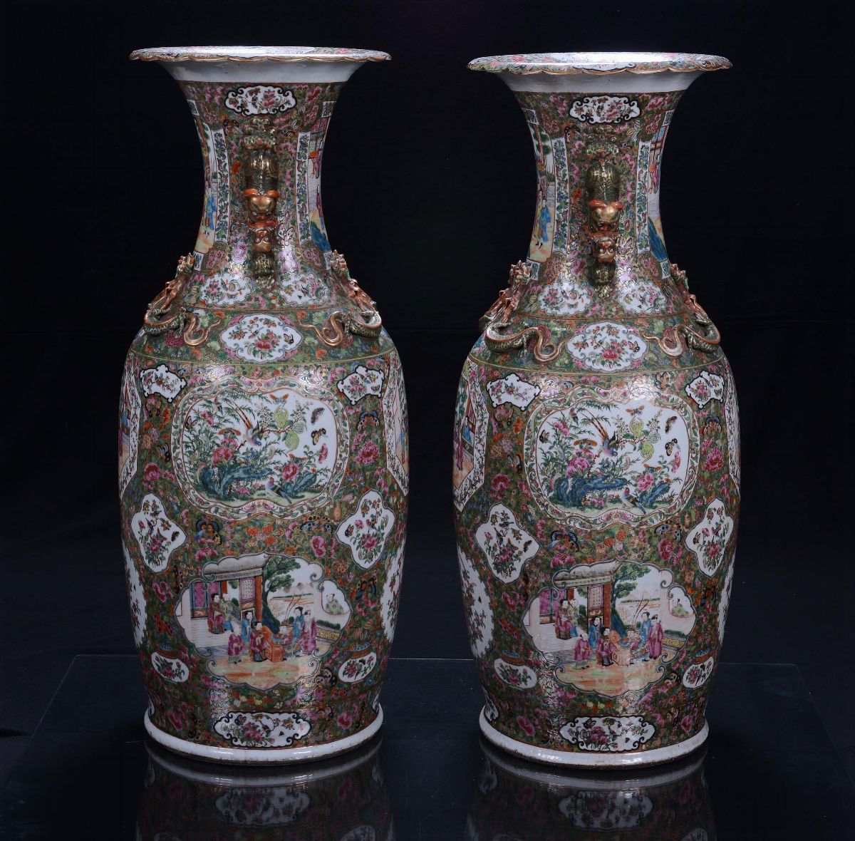Coppia di Vasi in Porcellana Famiglia Rosa, Cina, Canton, Dinastia Qing, XIX Secolo