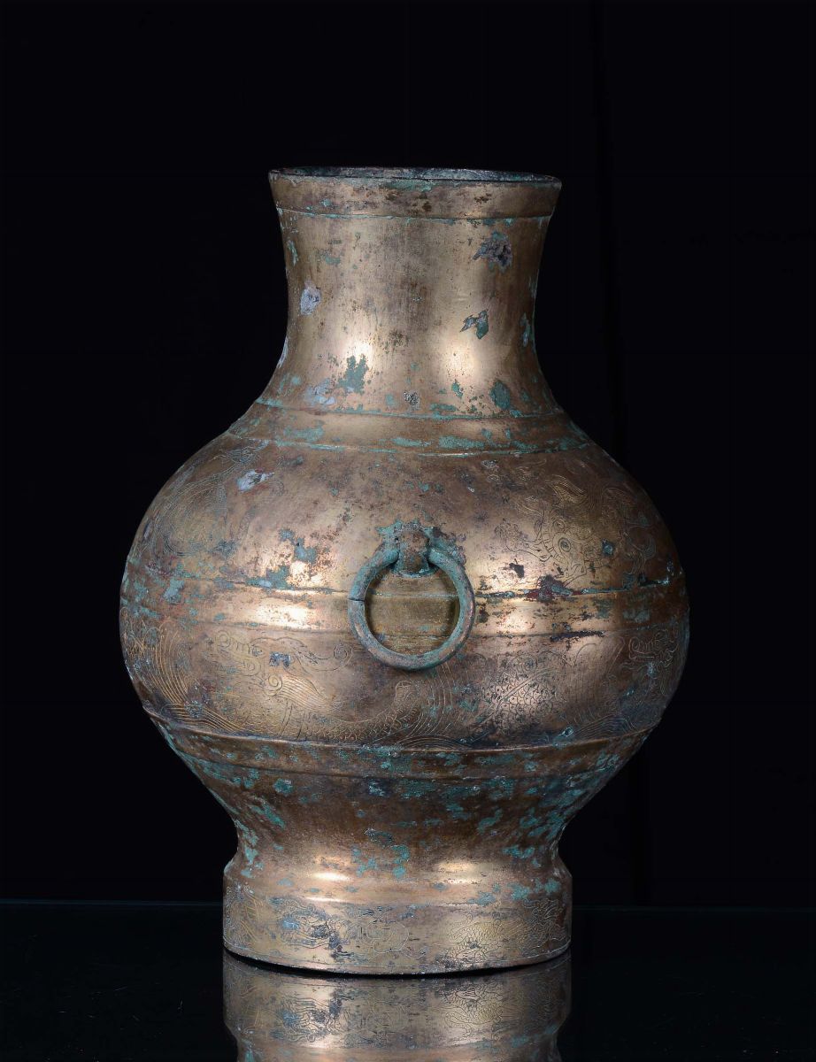 Vaso in Bronzo Dorato Inciso con Draghi e Fenici, Cina, Dinastia Han, III Secolo