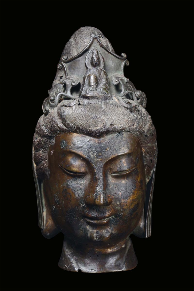Grande Testa Femminile in Bronzo a Patina Scura, Cina, Dinastia Qing