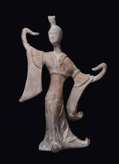 Ballerina in Terracotta Dipinta, Cina, Dinastia Tang (618-906)