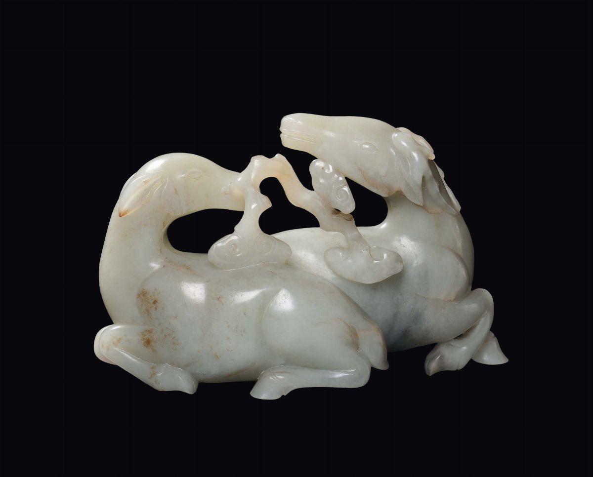 Bel Gruppo Raffigurante Due Cavalli in Giada Bianca, Cina, Dinastia Qing, Periodo Qianlong (1736-...