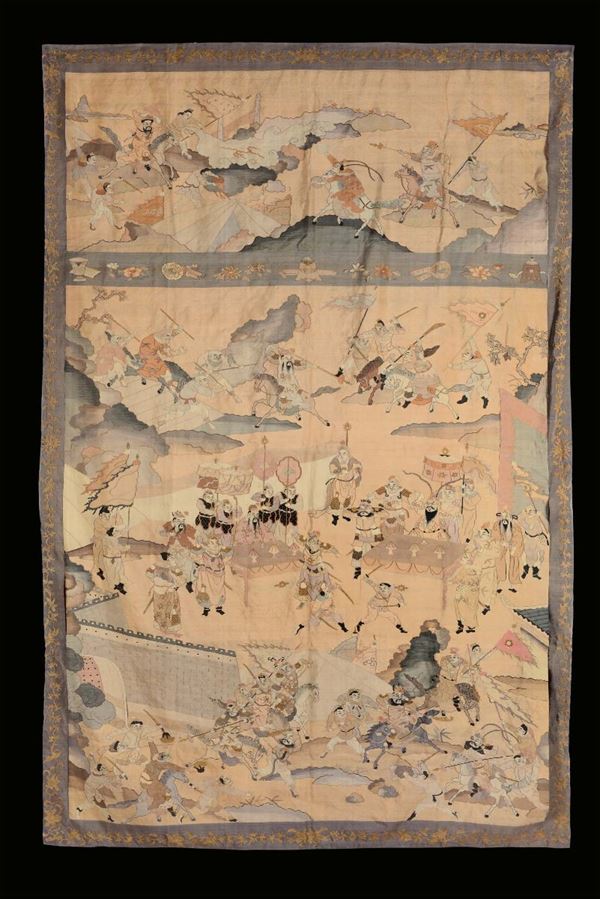 A large kesy tapestry representing a battle, Qing Dynasty, Qianlong Period (1736-1795)