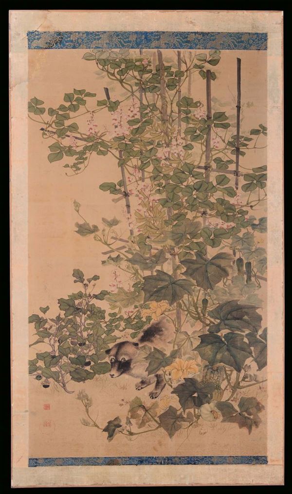 Coppia di dipinti raffiguranti fiori orientali, Cina, Dinastia Qing, XIX secolo