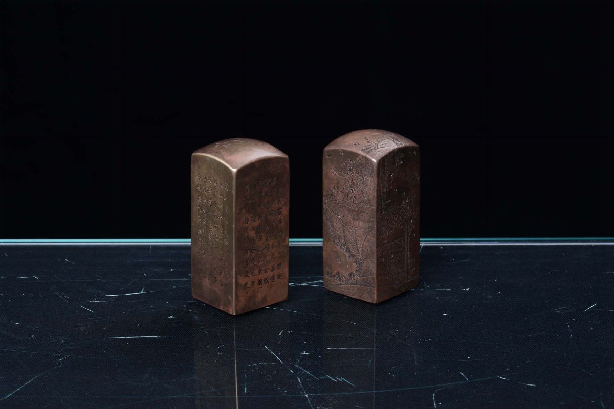 Coppia di Sigilli in Bronzo Dorato, Cina, Dinastia Qing, XIX Secolo