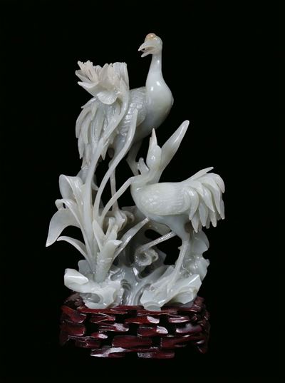 Gruppo in Giada Celadon Raffigurante Uccelli, Cina, XX Secolo