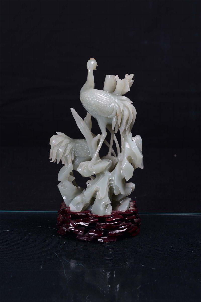 Gruppo in Giada Celadon Raffigurante Uccelli, Cina, XX Secolo