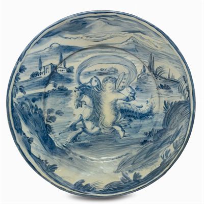 Piatto in Maiolica con Decorazione “a Scenografia Barocca”, Albisola XVII Secolo