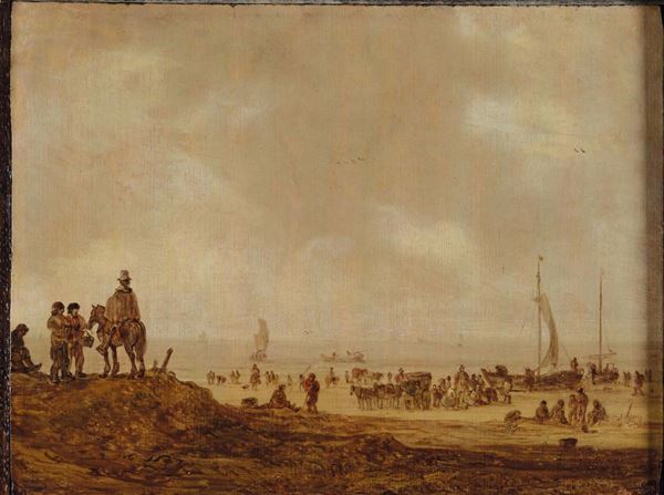 Jan Van Goyen (Leida 1596 - L’Aia 1656) Paesaggio costiero con figure