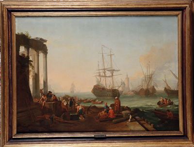 Adrien Manglard (lione 1695 - Roma 1760)scena di Porto